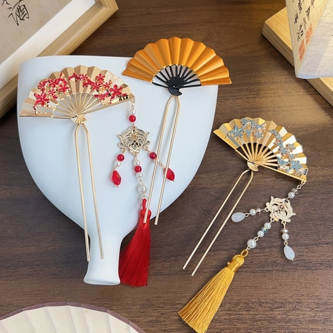 Vintage Chinese Style Fan Hair Stick Flower Tassel Hairpin Alloy Artificial Pearl Hanfu Hair Accessories For Women Jewelry