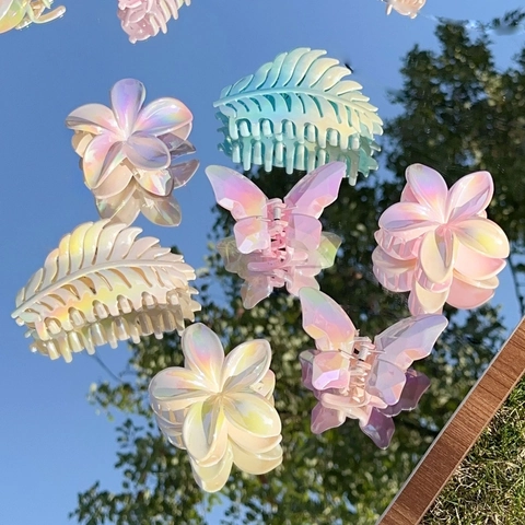 Iridescent Gradient Hair Claw Clips Butterfly Flower Leaf Acetate Shark Clip Elegant Sweet Hair Styling Accessories For Women Girls