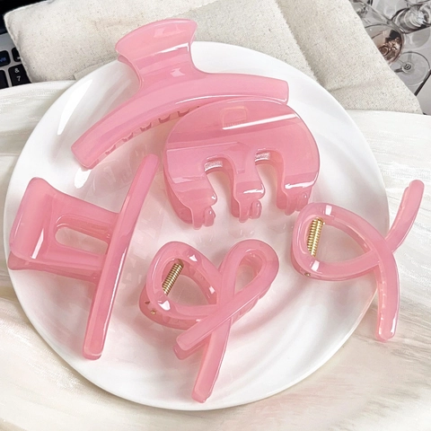Korean Style Jelly Pink Acrylic Hair Claw Clip For Women Minimalist Solid Color Geometric Shark Clip Handmade Hair Accessories