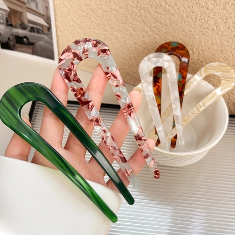 Bastoncino per Capelli a U in Acetato Vintage Elegante Motivo Marmorizzato Tartarugato Forcina per Capelli Donna