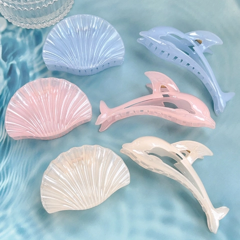 Sommerurlaub Geleefarbe Meeresmuschel Delfin Haarklammer Glitzer Kunststoff Große Haargreifer Damen Haarstyling Zubehör