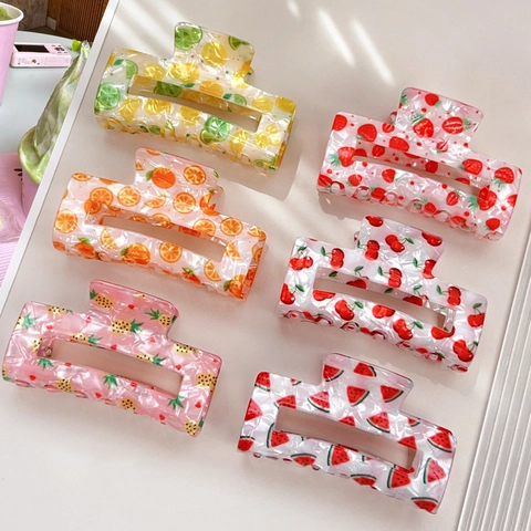 Pinza per Capelli in Acrilico con Stampa Frutta Fresca Quadrata Vuota Stile Acetato Anguria Ciliegia Fragola Donna