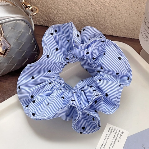 Coletero de Doble Capa con Rayas Azules y Blancas Estampado de Corazón Lazo Elástico Grande de Tela para el Pelo Estilo Coreano Accesorio Diario Mujer