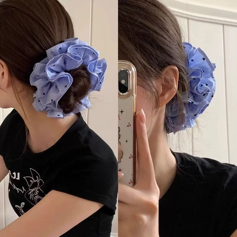 Coletero de Doble Capa con Rayas Azules y Blancas Estampado de Corazón Lazo Elástico Grande de Tela para el Pelo Estilo Coreano Accesorio Diario Mujer