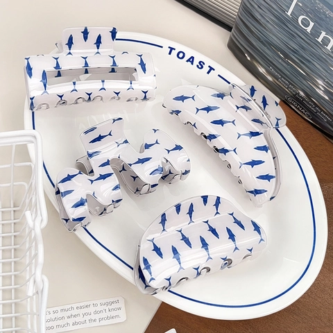 Pinza per Capelli con Stampa Squalo Stile Oceanico per Donna Moda PVC Geometrica Grande Rettangolare Semicerchio Gioielli