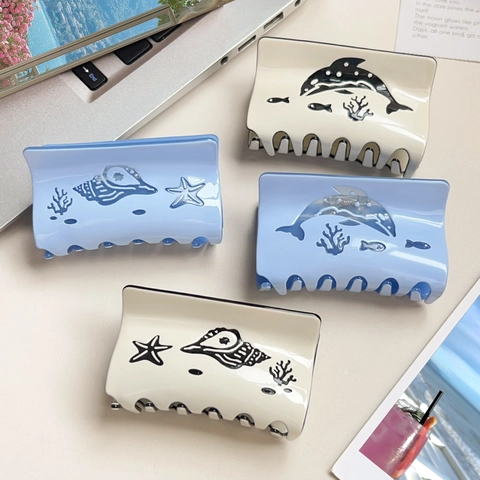Serie Océano Ballena Caracola Acetato Pinza para el Pelo Diseño Hueco Patrón Criaturas Marinas Accesorios para Mujeres Vacaciones
