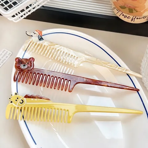 Cartoon Animal Acetate Hair Comb For Women Cute Bear Dog Giraffe Long Handle Styling Comb Fine Tooth Detangling Comb