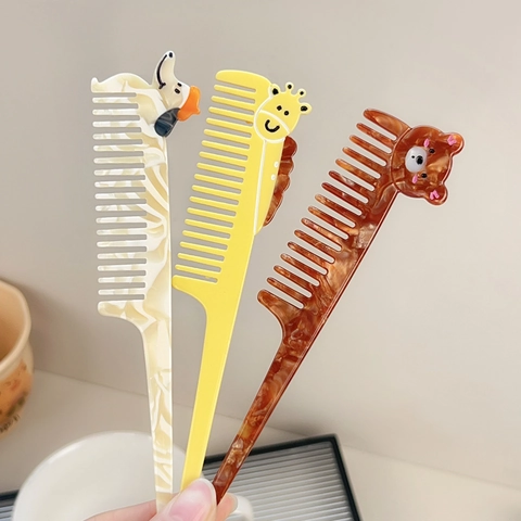 Cartoon Animal Acetate Hair Comb For Women Cute Bear Dog Giraffe Long Handle Styling Comb Fine Tooth Detangling Comb