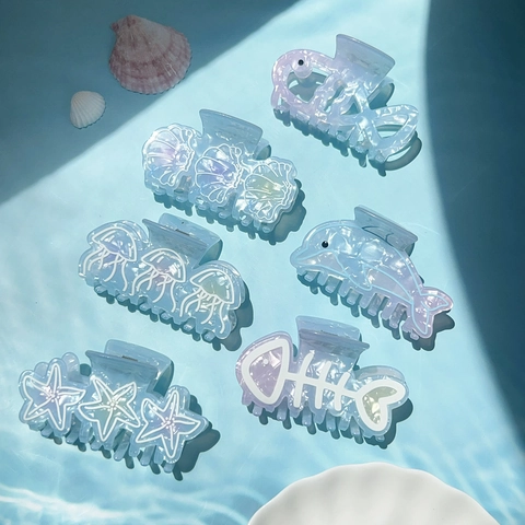 Pinza per Capelli Serie Oceano in Imitazione Acetato Iridescente Sfumato Blu Delfino Stella Marina Conchiglia Lische Pesce