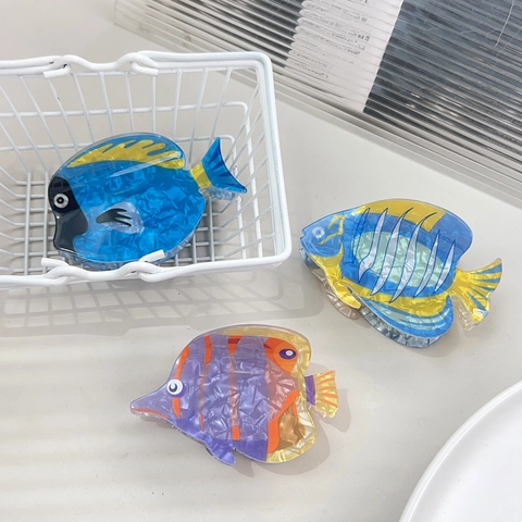 Pinza per Capelli Serie Oceano Pesce Tropicale in Falso Acetato per Donna Bambini Texture Marmo a Forma di Animale Accessori per Capelli