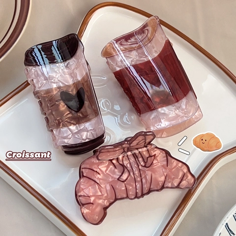 Korean Style Food Shape Hair Claw Croissant Coffee Cup Design Painted Marble Texture Shark Clip For Women Hair Styling Jewelry