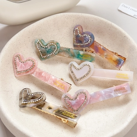 Elegante Fermaglio per Capelli a Cuore in Acetato Con Strass Motivo Marmo Clip a Becco d'Anatra Fatto a Mano per Donna Accessori Capelli