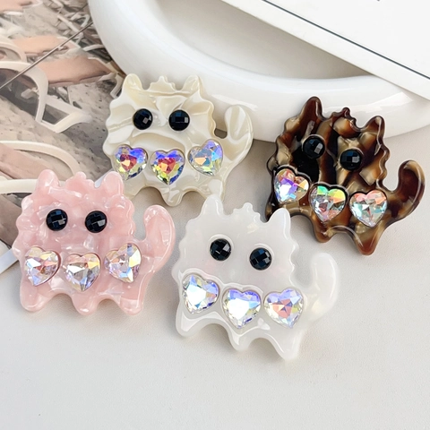 Schattige Kat Vorm Acetaat Haarklem Met Ingelegd Strass Hartpatroon Cartoon Zijklem Voor Dames Haarstyling Accessoire