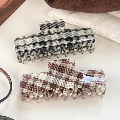 Vintage Rechteckige Plaid Haarkralle Für Damen Modische PVC Retro Karo Muster Shark Clip Haarschmuck