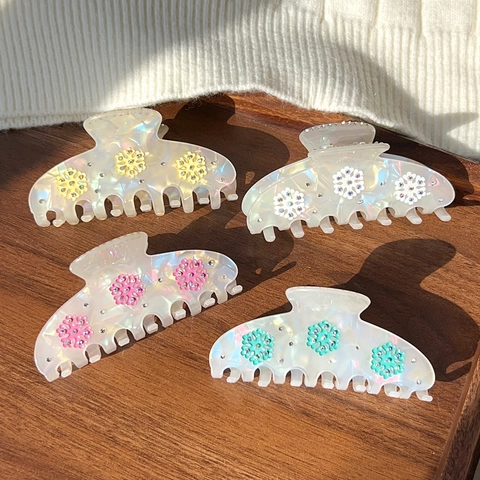 Pinza per Capelli Natalizia a Fiocco di Neve Iridescente per Donna Elegante Grande Clip a Squalo in PVC con Strass Accessorio per Capelli