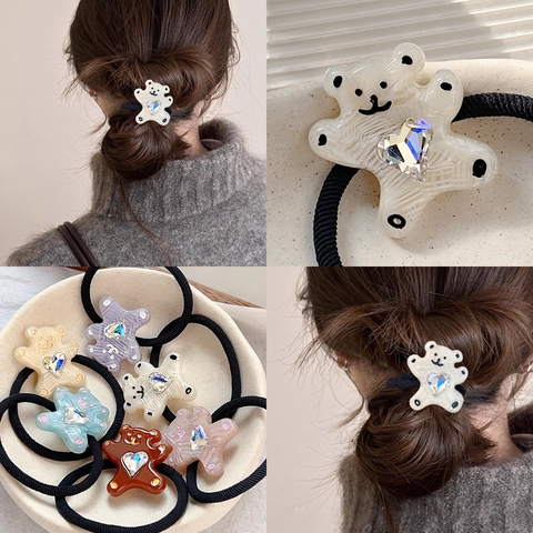 Korean Cartoon Bear Hair Tie Rhinestone Heart Elastic Hair Bands Sweet Girls Hair Accessories For Everyday Use