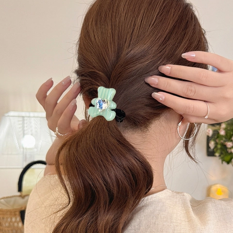 Cute Acetate Bear Hair Ties With Heart Rhinestone High Elastic Hair Bands For Women Girls Daily Hair Accessories