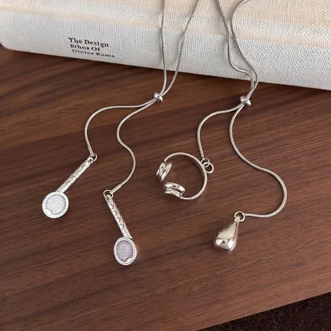 Collana con Pendente a Forma di Cuffia e Goccia d'Acqua in Acciaio Inossidabile e Rame Argento per Donna Catena Maglione a Y