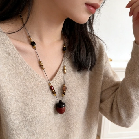 Retro Holz Eichel Anhänger Halskette Für Damen Tigerauge Perlen Pullover Kette Handgeflochtenes Seil Wald Stil Schmuck