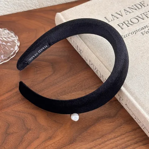 Cerchietto Imbottito in Velluto Nero Vintage Perla Artificial Sintetica Elegante Fascia per Capelli Ispessita per Donna Accessori