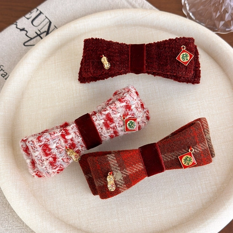 Neujahr Chinesischer Stil Rot Karo Tweed Schleife Haarspange Mit Erdnuss Anhänger Vintage Festlich Damen Haarschmuck