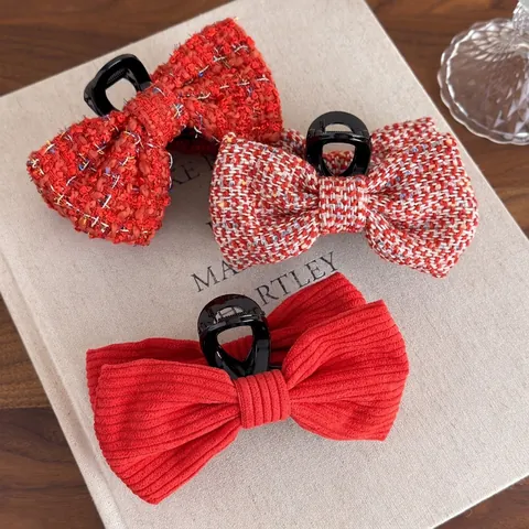 Molletta per Capelli a Fiocco Rosso retrò Tweed Velluto a Coste Tessuto Acrilico Clip a Squalo per Donna Elegante Accessori