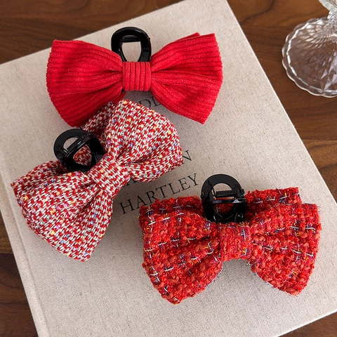 Molletta per Capelli a Fiocco Rosso retrò Tweed Velluto a Coste Tessuto Acrilico Clip a Squalo per Donna Elegante Accessori