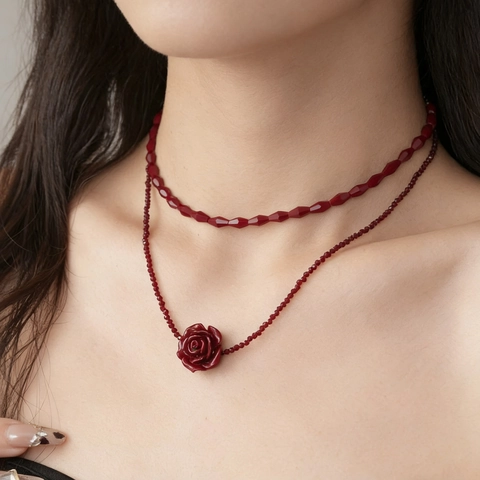 French Vintage Red Rose Layered Necklace For Women Romantic Resin Crystal Beaded Choker Party Jewelry With Extension Chain
