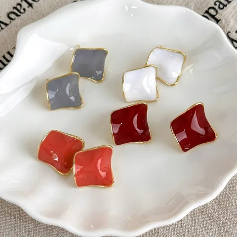 Geometric Uneven Square Stud Earrings Niche Temperament Wine Red Drip Glaze Enamel Copper Earrings For Women Fashion Jewelry