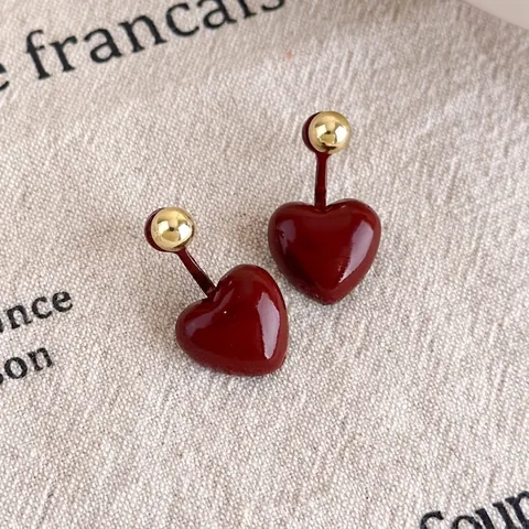 Vintage Burgundy Heart Drop Earrings For Women Elegant Gold Ball Copper Lacquer Stud Earrings Fashion Jewelry Birthday Gift