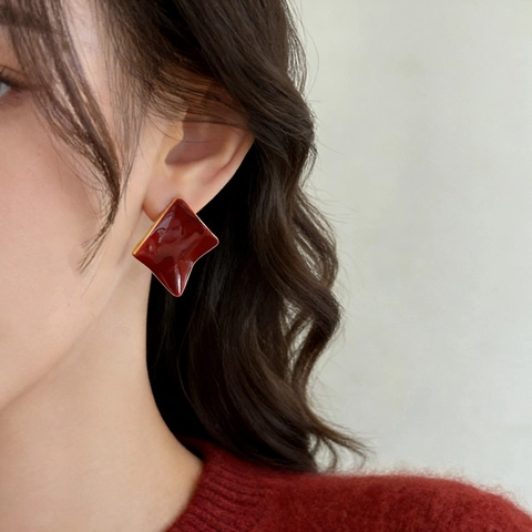 Geometric Uneven Square Stud Earrings Niche Temperament Wine Red Drip Glaze Enamel Copper Earrings For Women Fashion Jewelry