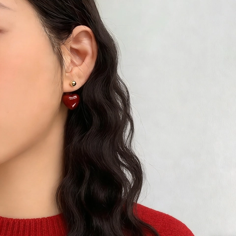 Vintage Burgundy Heart Drop Earrings For Women Elegant Gold Ball Copper Lacquer Stud Earrings Fashion Jewelry Birthday Gift