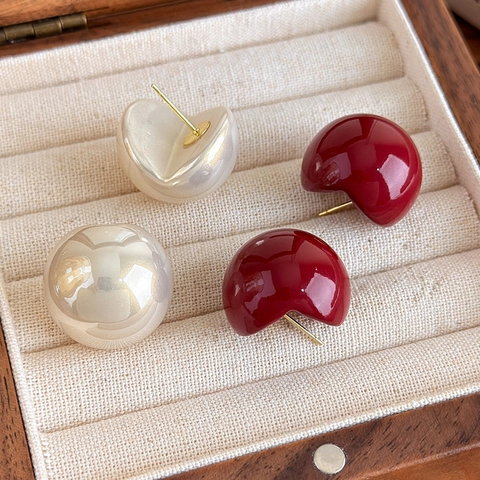 Retro Wine Red Champagne Bean Shape Stud Earrings For Women Minimalist Lacquered Artificial Pearl Earrings Daily Jewelry