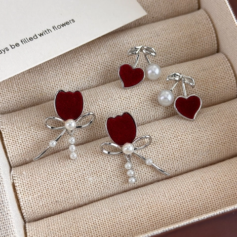 Boucles d'Oreilles Clous Vintage Rouges Flocage Nœud Cœur Cerise Avec Glands Perles Artificielles Bijoux Cuivre Cadeau Femme
