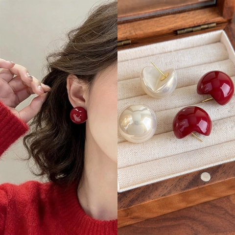 Retro Wine Red Champagne Bean Shape Stud Earrings For Women Minimalist Lacquered Artificial Pearl Earrings Daily Jewelry