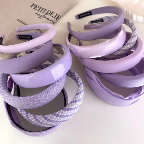 Purple Fabric Wide Headband Solid Color Plaid Checked Hairband Korean Style High Top Hair Accessories For Women Girls Daily Use