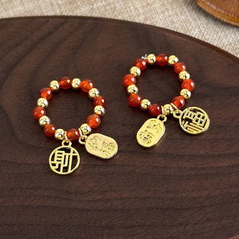 Anillo Elástico con Cuentas de Estilo Chino Vintage para Mujer Dijes de Cobre con Caracteres Fu Cai Joyería Hecha a Mano Regalo