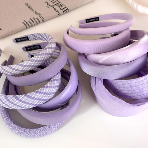 Purple Fabric Wide Headband Solid Color Plaid Checked Hairband Korean Style High Top Hair Accessories For Women Girls Daily Use