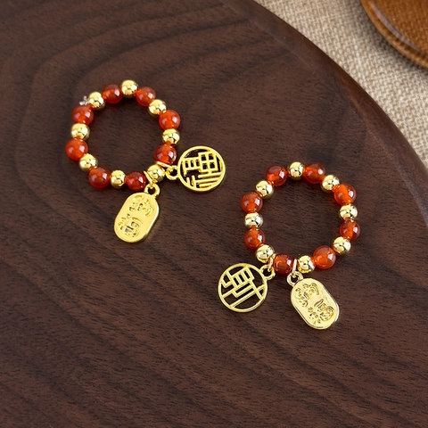 Anillo Elástico con Cuentas de Estilo Chino Vintage para Mujer Dijes de Cobre con Caracteres Fu Cai Joyería Hecha a Mano Regalo