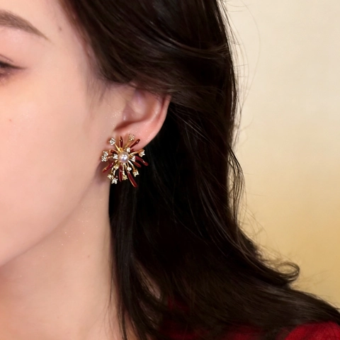 Elegante Weinrote Emaille Feuerwerk Ohrstecker Für Damen Kupfer Gold Vergoldet Strass Künstliche Perle Temperament Ohrringe