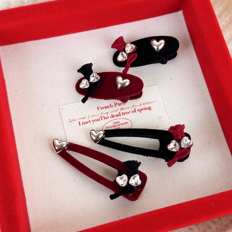 Vintage Samt Herz Strass Rose Haarklammer Französisch Süß Entenschnabelklemme Haarschmuck Für Damen Herzform Haarnadel