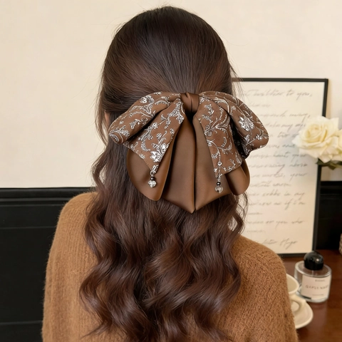 Pinza para el Pelo con Lazo de Satén Floral Vintage Francés con Clip de Coleta de Cinta Larga Accesorios para el Cabello Mujer