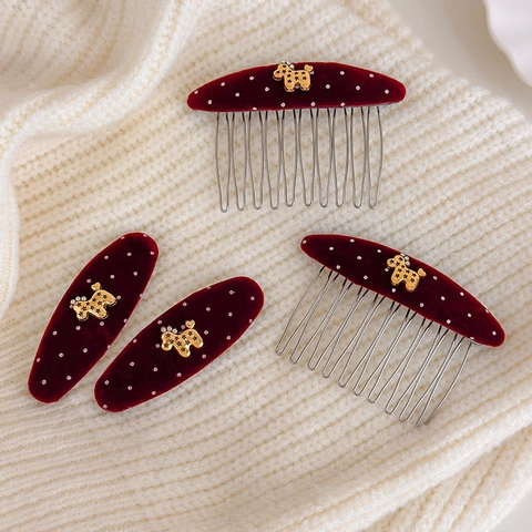 Molletta per Capelli Vintage in Velluto Rosso Vino a Pois con Cavallo Pettine in Metallo con Strass Accessori per Capelli Eleganti da Donna