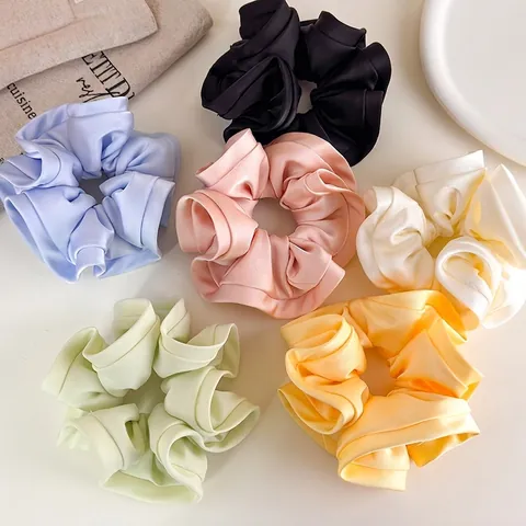 Scrunchie de Satén Grande Color Macaron Dulce Coletero Elástico Para Mujeres Niñas Diario Accesorio de Pelo Extragrande Color Sólido Plisado