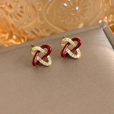 Eleganti Orecchini a Bottone con Nodo Concentrico Rosso in Rame per Donna Lusso Leggero Placcati in Oro con Strass Intarsiati Regalo Gioielli di Capodanno