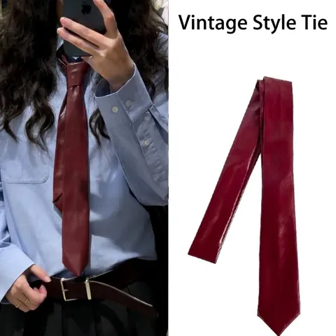 Cravate Vintage Tendance en Cuir PU Couleur Unie Mince pour Hommes Femmes Uniforme Scolaire Bureau Accessoires de Chemise