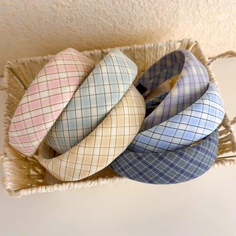 Bandeau Rembourré à Carreaux Style Français Doux pour Femmes en Tissu Gingham Fait à la Main Serre-tête Large en Éponge