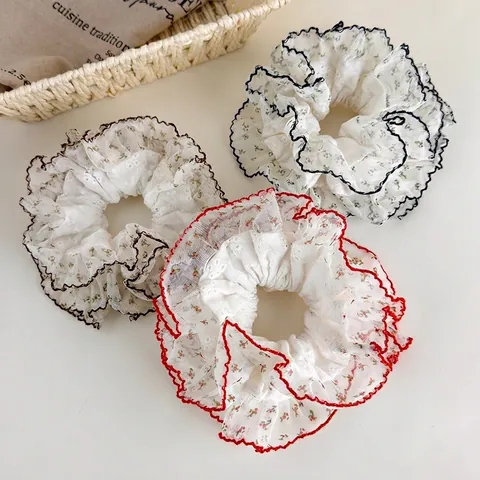 Großes Spitze Mesh Blumen Haargummi Mit Muschelsaum Süßer Französischer Retro Übergroßer Haarzopf Ponytail Halter Elastisch