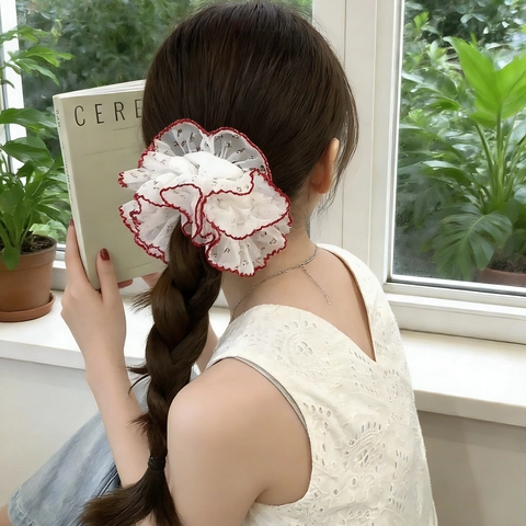 Großes Spitze Mesh Blumen Haargummi Mit Muschelsaum Süßer Französischer Retro Übergroßer Haarzopf Ponytail Halter Elastisch