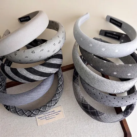Cerchietto Imbottito in Tessuto Grigio Vintage Coreano per Donna Fatto a Mano Corona Alta Spugna Fascia Pois Quadri Accessori Capelli